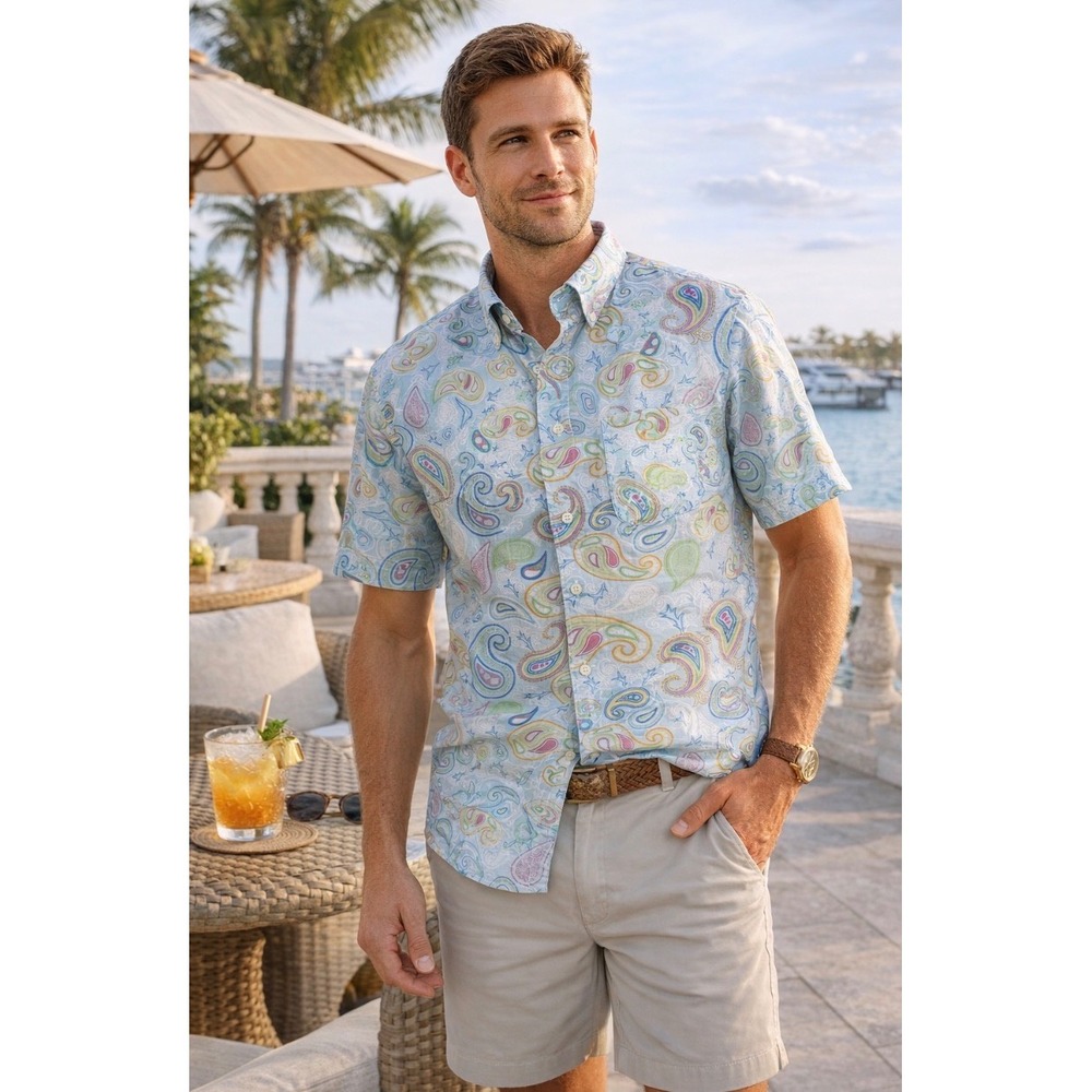Alan Flusser XL Pastel Paisley Button Front Shirt Coastal Resort Golf Luxe